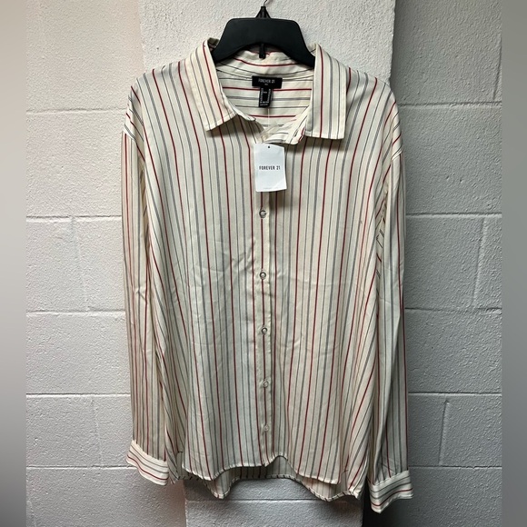 Forever 21 Cream Striped Button-Up Shirt. XL - Picture 1 of 4